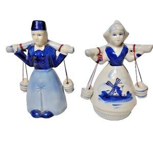Pair Blue White Man & Woman Bells Dutch Holland Jugs Clappers Ceramic